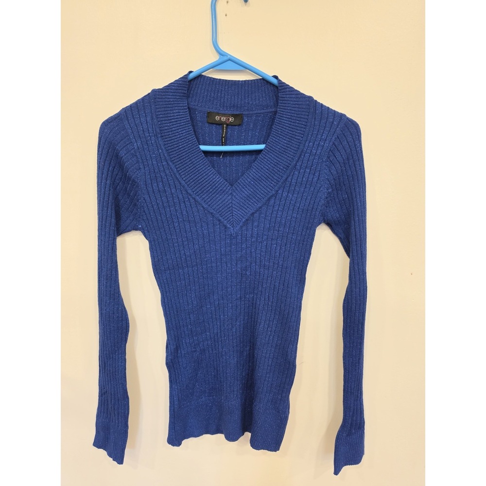 Energie Junior L Blue Metallic Ribbed V Neck Sweater Fitted Long Sleeve